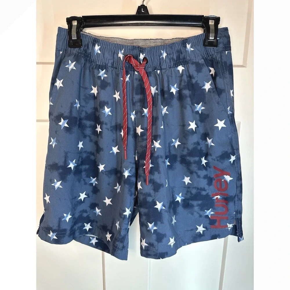 Hurley Men's Swim Trunks Small Blue Star Print Tie Dye Mesh‎ Lined Drawstring
